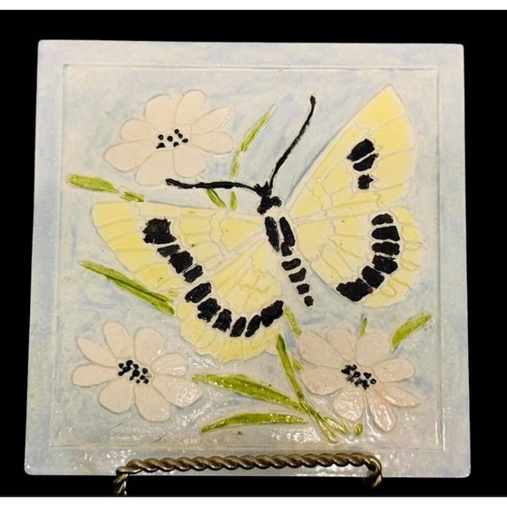 Hand Painted Ceramic Tile Butterfly Floral Decorative Art 6"